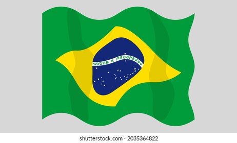 Detailed flat vector illustration of a flying flag of Brazil on a light background. Correct aspect ratio.