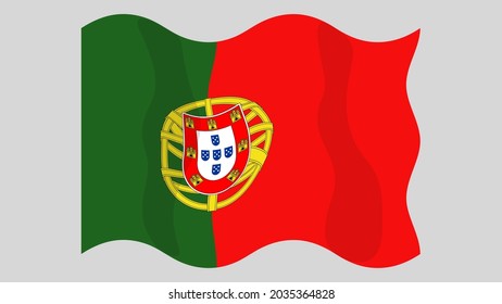 Detailed flat vector illustration of a flying flag of Portugal on a light background. Correct aspect ratio.