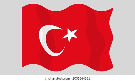 Detailed flat vector illustration of a flying flag of Turkey on a light background. Correct aspect ratio.