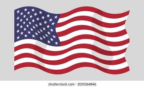 Detailed flat vector illustration of a flying flag of the United States of America on a light background. Correct aspect ratio.