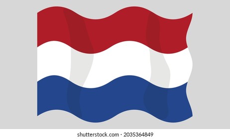 Detailed flat vector illustration of a flying flag of Netherlands on a light background. Correct aspect ratio.
