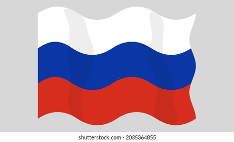 Detailed flat vector illustration of a flying flag of Russia on a light background. Correct aspect ratio.