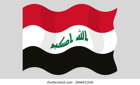 Detailed flat vector illustration of a flying flag of Iraq on a light background. Correct aspect ratio.