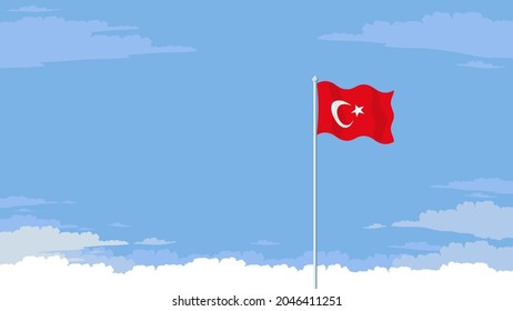 Detailed flat vector illustration of a flying flag of Turkey in front of a cloudy sky background. Room for text.