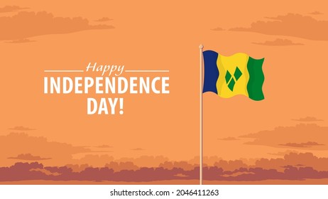 Ilustración vectorial plana detallada de una bandera voladora de San Vicente y las Granadinas frente a un fondo celeste nublado. Feliz Día de la Independencia.