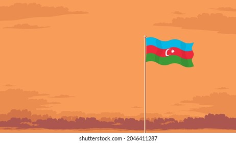Detailed flat vector illustration of a flying flag of Azerbaijan in front of a cloudy sky background. Room for text.