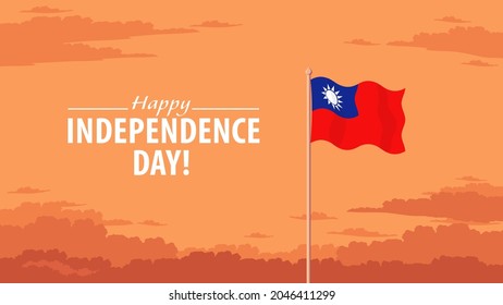 Ilustración detallada de un vector plano de una bandera de Taiwán frente a un fondo celeste nublado. Feliz Día de la Independencia.