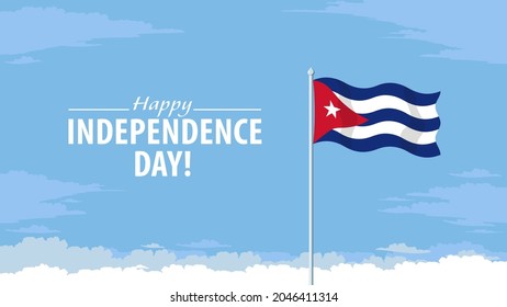 Detailed flat vector illustration of a flying flag of Cuba in front of a cloudy sky background. Happy Independence Day.