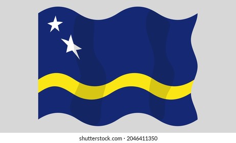 Detailed flat vector illustration of a flying flag of Curaçao on a light background. Correct aspect ratio.