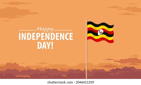 Detailed flat vector illustration of a flying flag of Uganda in front of a cloudy sky background. Happy Independence Day.