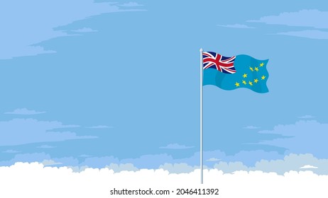 Detailed flat vector illustration of a flying flag of Tuvalu in front of a cloudy sky background. Room for text.