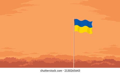 Detailed flat vector illustration of a flying flag of Ukraine in front of a cloudy sky background. Room for text.
