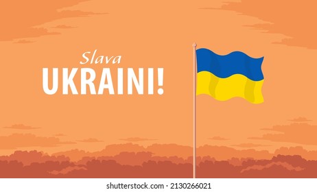 Detailed flat vector illustration of a flying flag of Ukraine in front of a cloudy sky background. Slava Ukraini!