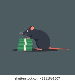 Detailed flat vector illustration of a greedy rat character surrounded by piles of green cash paper bills, symbolizing political corruption, financial fraud, bribery, and economic crime.
