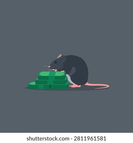 Detailed flat vector illustration of a greedy rat character surrounded by piles of green cash paper bills, symbolizing political corruption, financial fraud, bribery, and economic crime.