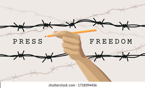 Detailed flat vector illustration of a hand holding a pen between layers of barbed wires. White background. World Press Freedom Day. Feel free to use only parts of the illustration too.