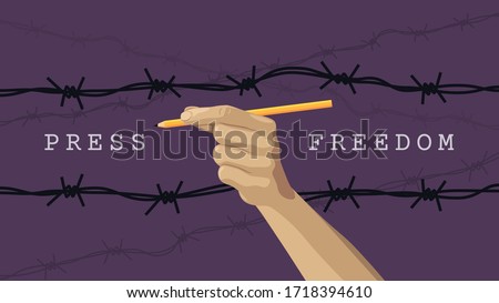 Detailed flat vector illustration of a hand holding a pen between layers of barbed wires. Purple background. World Press Freedom Day. Feel free to use only parts of the illustration too.