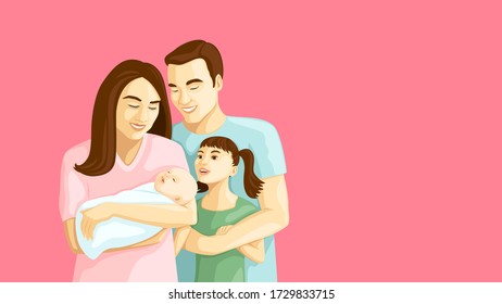 Detailed flat vector illustration of a happy family of four. International Day of Families. Feel free to use only parts of the illustration too.