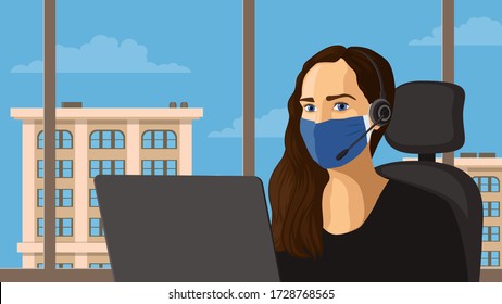 Detailed flat vector illustration of a mask wearing woman participating in a video conference while working from home. Covid-19 pandemic. 