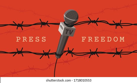 Detailed flat vector illustration of a microphone tangled in barbed wires. World Press Freedom Day. Feel free to use only parts of the illustration too.