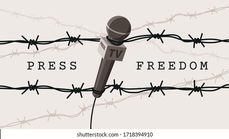 Detailed flat vector illustration of a microphone tangled in barbed wires. World Press Freedom Day. White background. Feel free to use only parts of the illustration too.