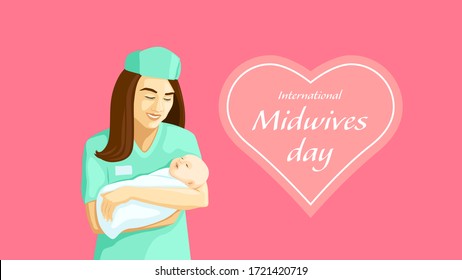 Detailed flat vector illustration of a midwife holding a swaddled baby in her arms. International Midwives Day. Feel free to use only parts of the illustration too.