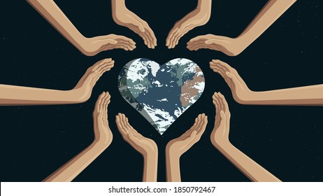 Detailed flat vector illustration of multiple hands circling a heart shaped Earth. International Day of Living Together in Peace.