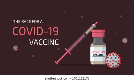 Ilustración plana detallada de una aguja y una botella que contiene vacuna para COVID-19, con virus SARS-CoV-2 flotando en el aire. 