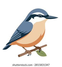 A detailed flat vector illustration of a nuthatch bird with blue wings and orange breast resting on a wooden twig with a single green leaf.