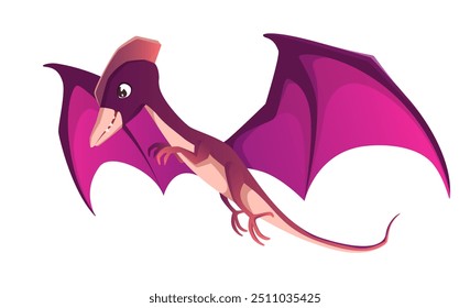 Ilustración vectorial plana detallada de un pterodáctilo púrpura en vuelo con alas Grandes El dinosaurio se muestra en un estilo caricaturesco sobre un fondo blanco