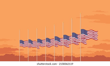 Detailed flat vector illustration of a row of flying flags of the United States of America at half-staff in front of a red sky with clouds. Memorial Day. Room for text.