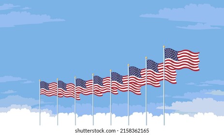 Detailed flat vector illustration of a row of flying flags of the United States of America in front of a blue sky with clouds. Memorial Day. Room for text.