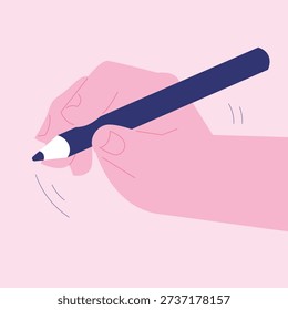 Detailed flat vector illustration from a slightly elevated angle showing a hand firmly gripping a blue pencil, actively writing or sketching with motion lines, perfect for representing study habits, creative work, or school tasks.