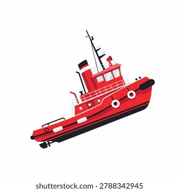 A detailed flat vector illustration of a small red harbor tugboat designed for towing larger ships