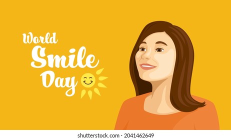 Detailed flat vector illustration of a smiling woman on World Smile Day. Yellow background.