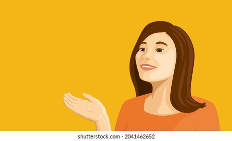 Detailed flat vector illustration of a smiling woman holding her hand up. Room for a text. Yellow background.
