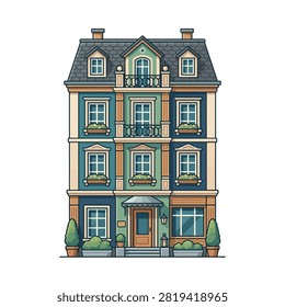 A detailed flat vector illustration of a three story historic townhouse with balconies and potted plants on a white background.