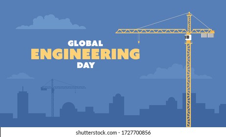 Ilustración vectorial plana detallada de una grúa de torre y un edificio alto sobre un fondo azul oscuro. Día Mundial de la Ingeniería. Siéntase libre de usar sólo partes de la ilustración también.