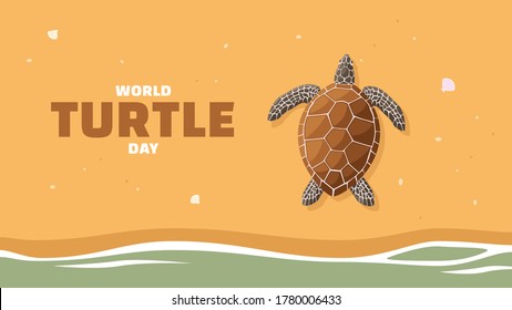 Detailed flat vector illustration of a turtle laying eggs on a beach. World Turtle Day.