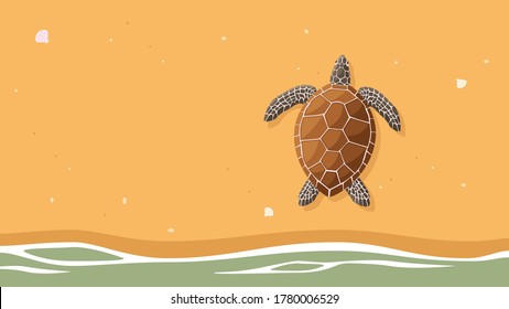 Detailed flat vector illustration of a turtle laying eggs on a beach. World Turtle Day.