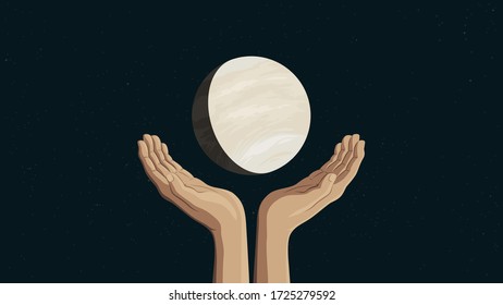 Detailed flat vector illustration of two hands holding Venus. Feel free to use only parts of the illustration too.