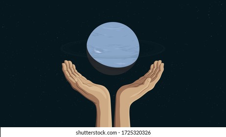 Detailed flat vector illustration of two hands holding Neptune. Feel free to use only parts of the illustration too.