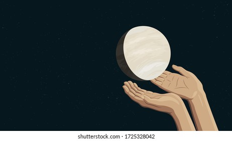 Detailed flat vector illustration of two hands holding Venus. Feel free to use only parts of the illustration too.