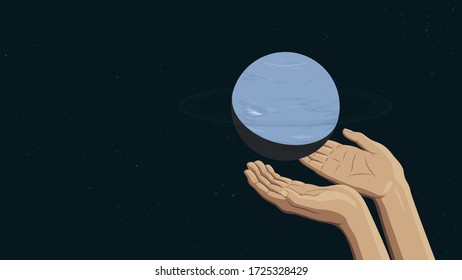 Detailed flat vector illustration of two hands holding Neptune. Feel free to use only parts of the illustration too.