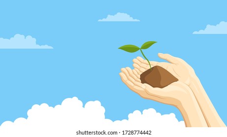 Detailed flat vector illustration of two hands holding a sprout representing sustainability. Blue background with clouds.