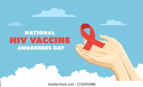 Detailed flat vector illustration of two hands holding a red ribbon representing HIV and AIDS awareness. Feel free to use only parts of the illustration too.