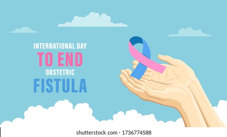 Detailed flat vector illustration of two hands holding a pink and blue ribbon representing the International Day to End Obstetric Fistula. Feel free to use only parts of the illustration too.