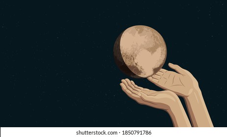 Detailed flat vector illustration of two hands holding Pluto.