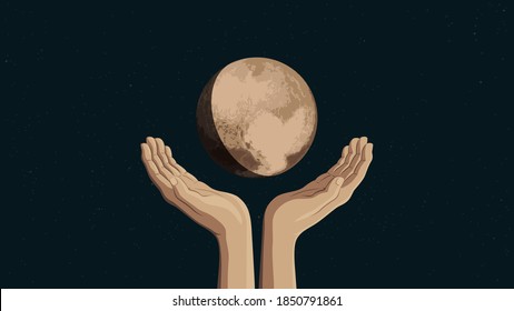 Detailed flat vector illustration of two hands holding Pluto.