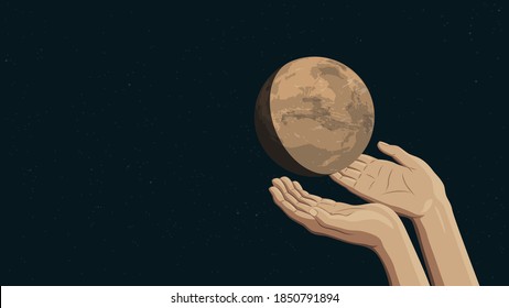 Detailed flat vector illustration of two hands holding Mars.